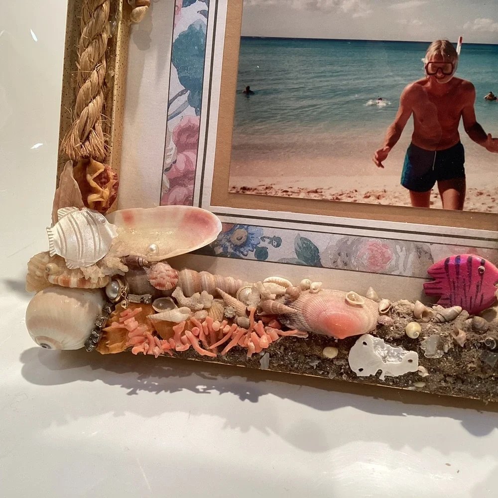 Island inspired handmade picture 3D frame fish, coral, shells and bling